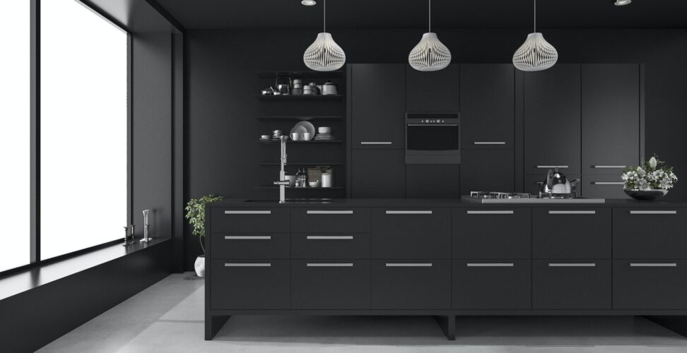 3d rendering black modern luxury kitchen
